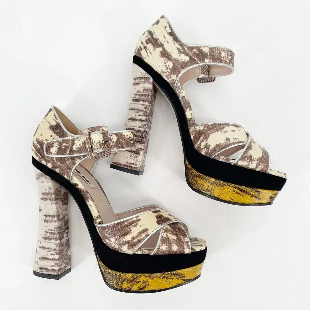 Miu Miu Beige Black Gold Teju Lizard Embossed Platform Sandals Heels IT 39.5